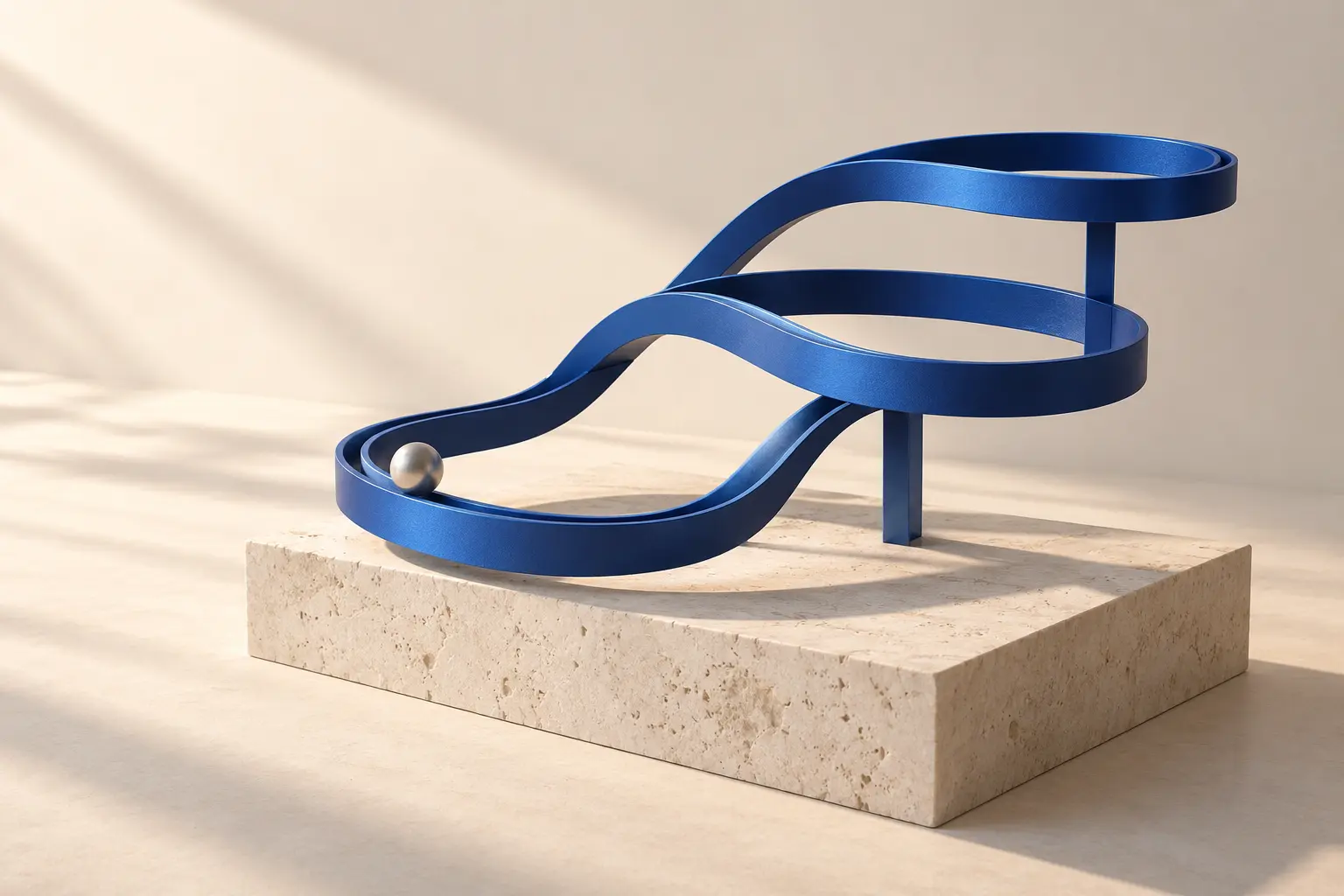 Connected cobalt-blue paths rise together on a warm stone foundation